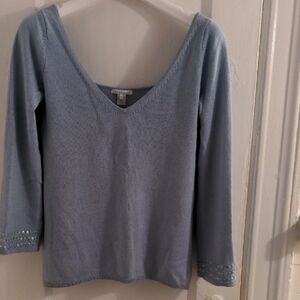Silk & Cashmere Dressy DeepV-Neck Sweater, Sequins, S, New,  Light Blue